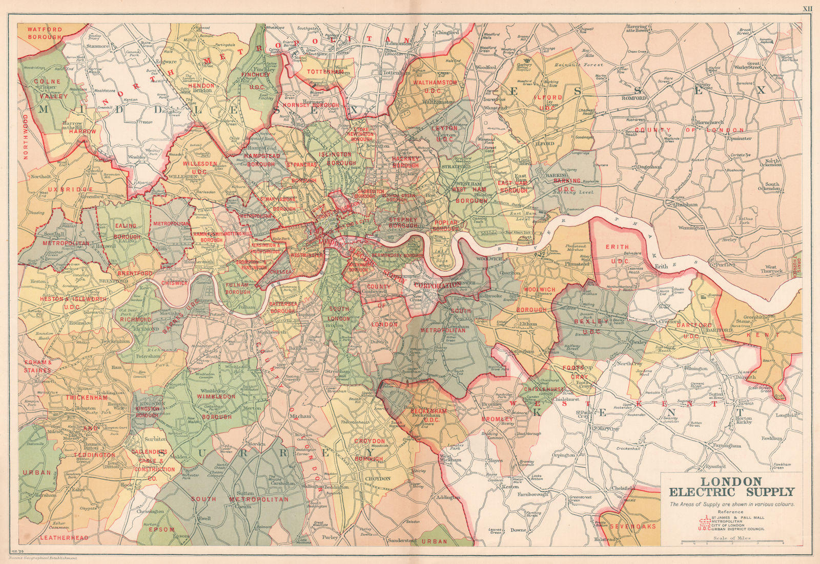 LONDON ELECTRICITY SUPPLY areas. Corporation. Metropolitan. BACON 1927 old map